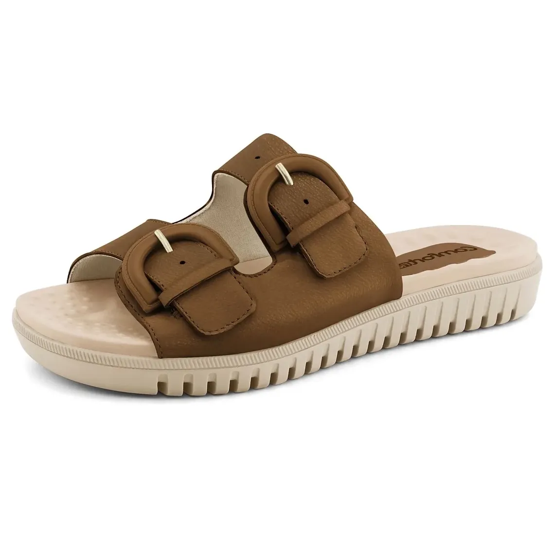 Vista lateral do tamanco feminino Comfortflex marrom com salto flatform